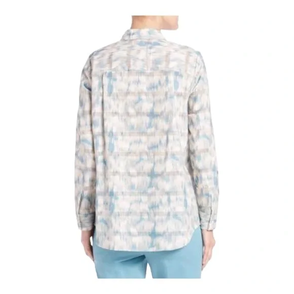 Lafayette 148 Brody Printed Cotton Blouse - Blue Steel - Picture 4 of 7